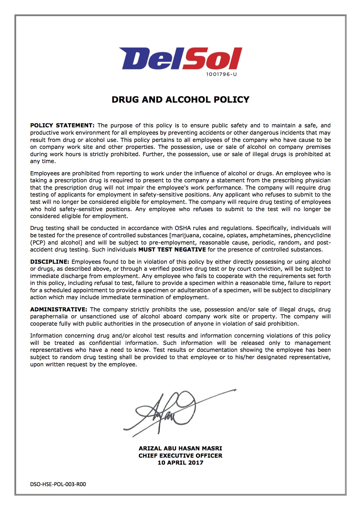Del Sol Drug and Alcohol Policy Statement DSOHSEPOL003R00 Del Sol